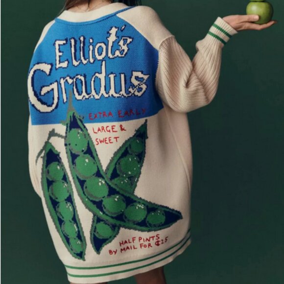 Anthropologie Maeve Cotton Blend Veggie Motif Cardigan Sweater Graphic S NWT - Picture 5 of 8